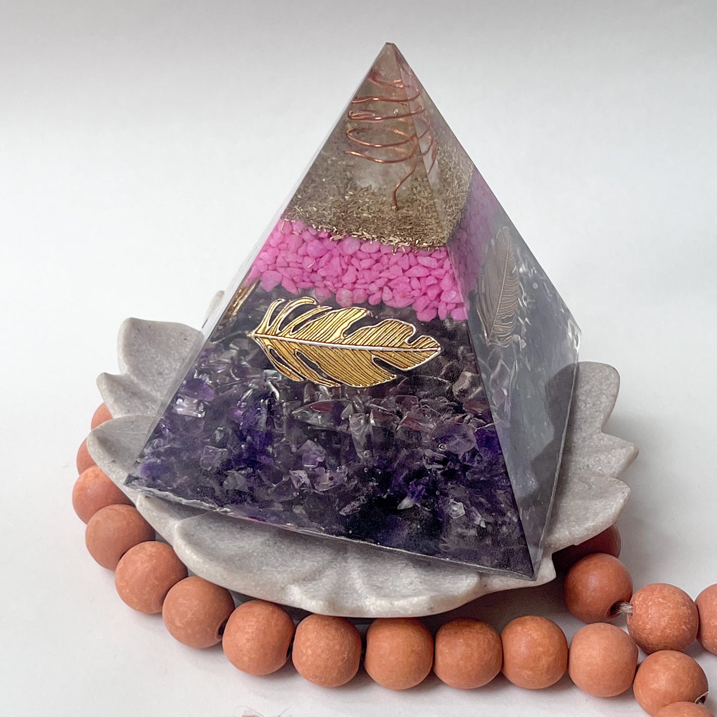 Medium Orgonite Pyramid 12cm Height - Amethyst - with leaf