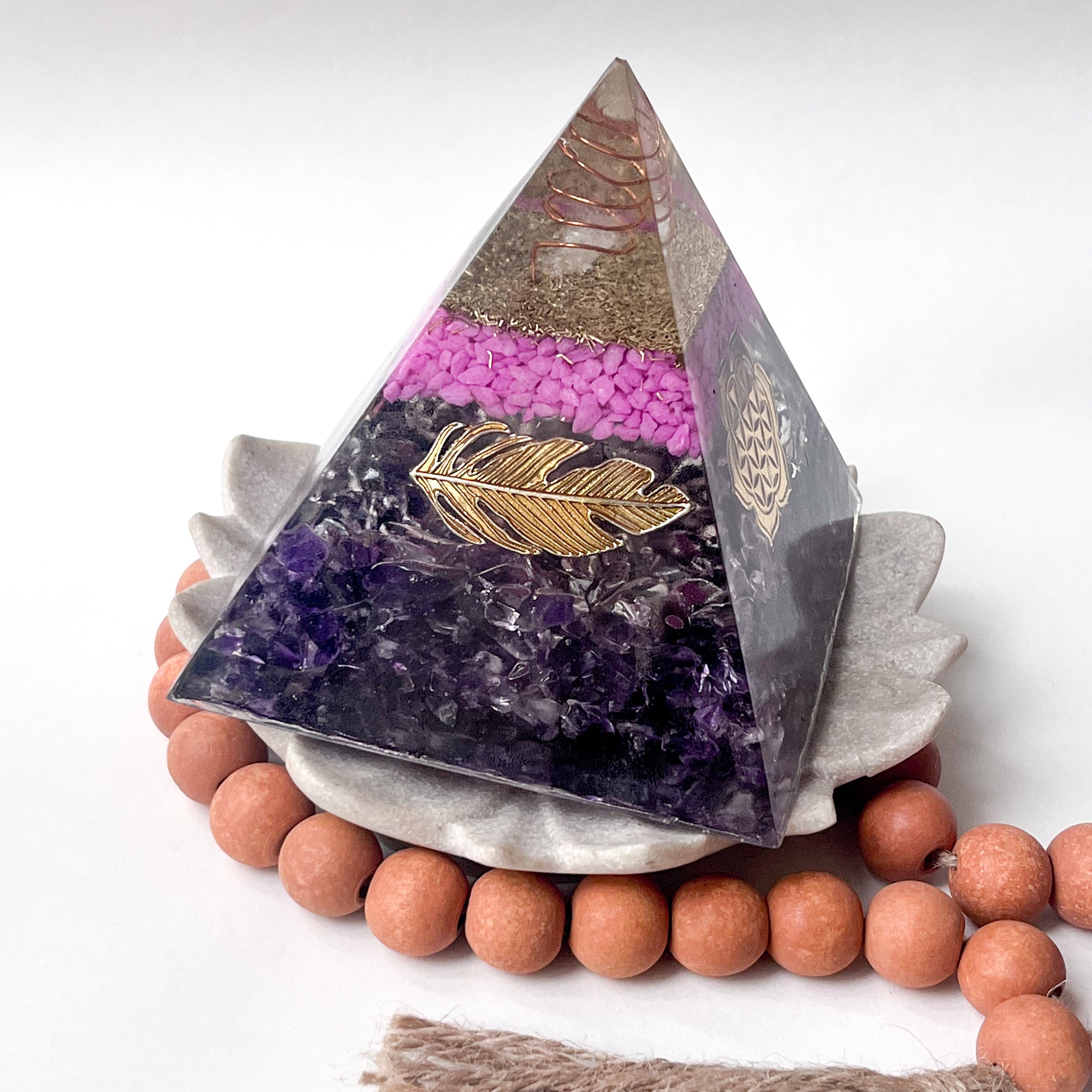 Medium Orgonite Pyramid 12cm Height - Amethyst - with leaf